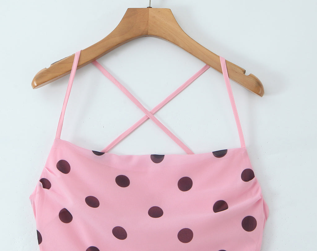 Gentle Elegant Pink Polka Dot Brace Dress Women Vintage Backless Lace up Design Tight Waist Maxi Dress