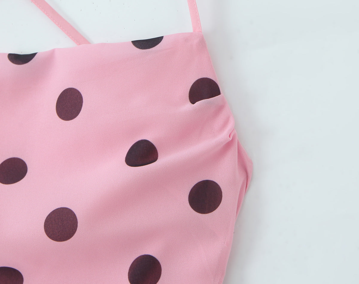 Gentle Elegant Pink Polka Dot Brace Dress Women Vintage Backless Lace up Design Tight Waist Maxi Dress