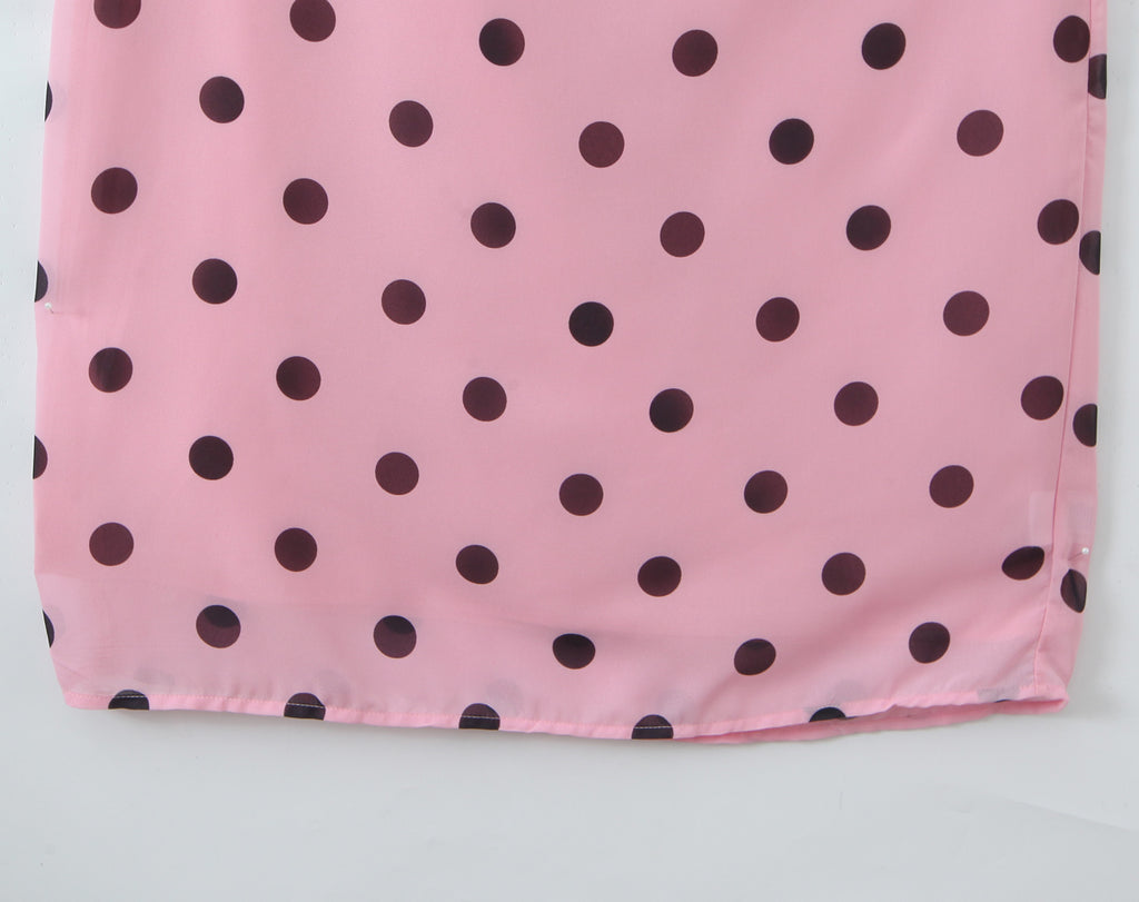 Gentle Elegant Pink Polka Dot Brace Dress Women Vintage Backless Lace up Design Tight Waist Maxi Dress