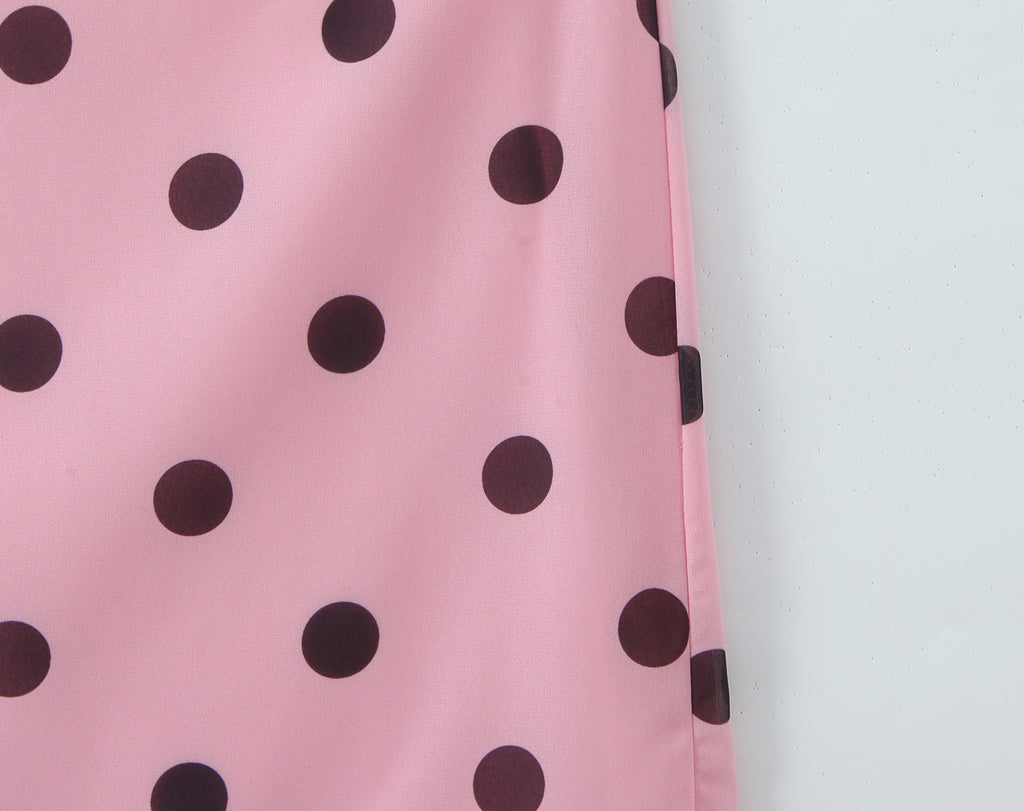 Gentle Elegant Pink Polka Dot Brace Dress Women Vintage Backless Lace up Design Tight Waist Maxi Dress