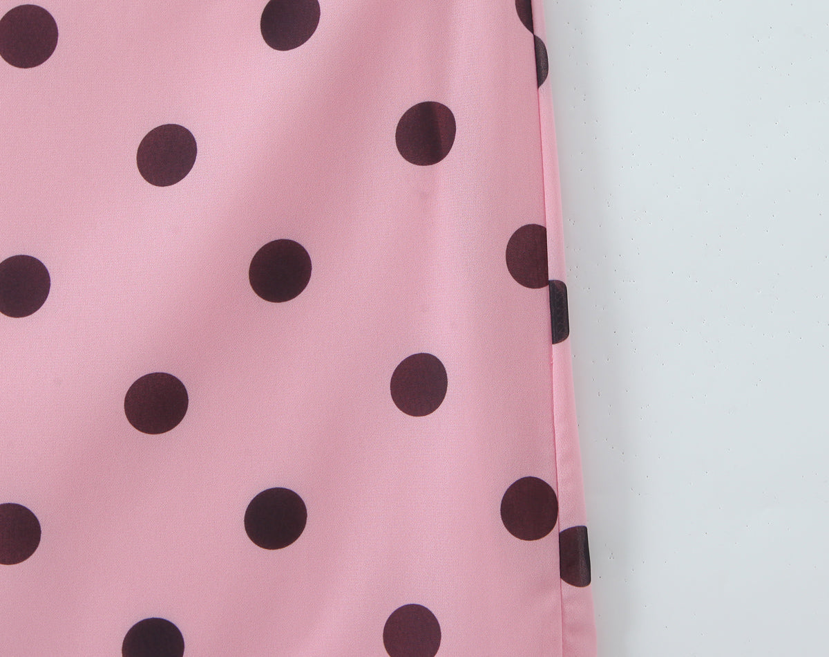 Gentle Elegant Pink Polka Dot Brace Dress Women Vintage Backless Lace up Design Tight Waist Maxi Dress