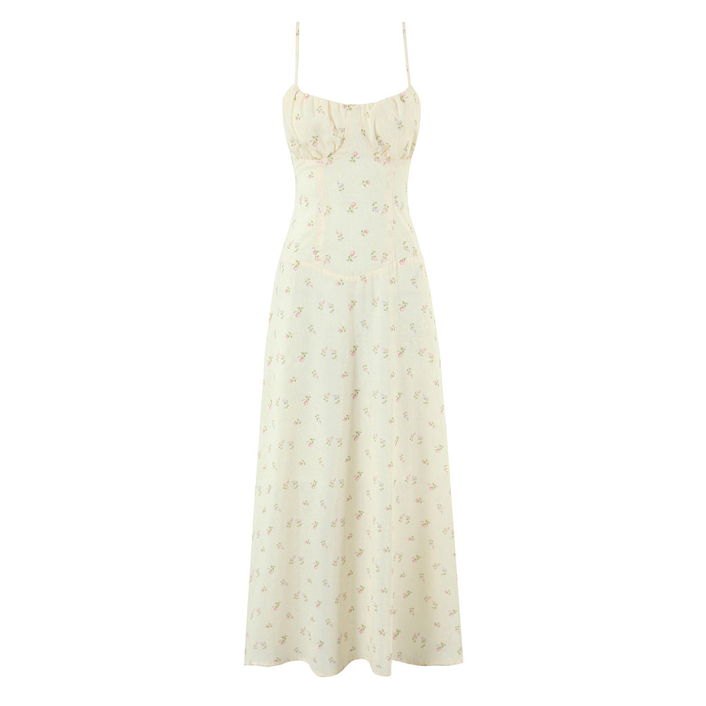 Robe d'été jaune à fleurs françaises avec bretelles à cordon, coupe ajustée, idéale pour les vacances.
