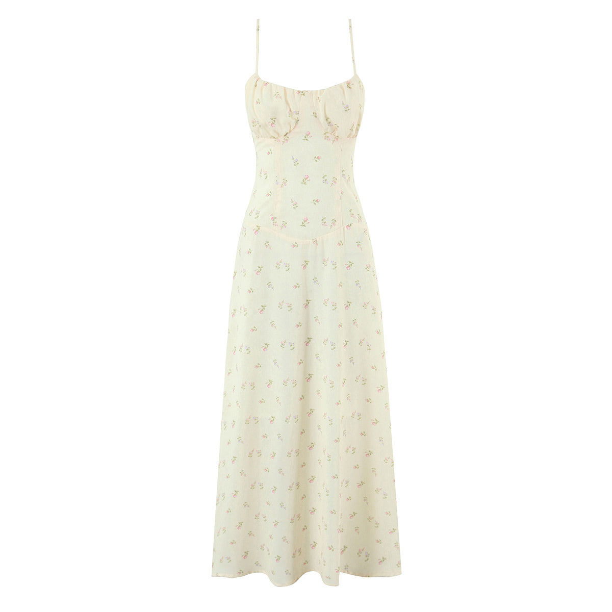 Robe d'été jaune à fleurs françaises avec bretelles à cordon, coupe ajustée, idéale pour les vacances.