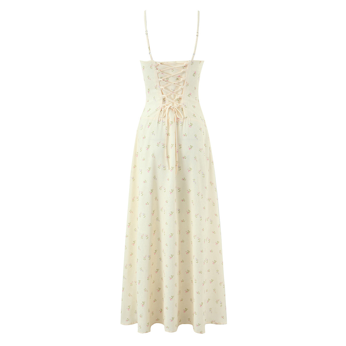 Robe d'été jaune à fleurs françaises avec bretelles à cordon, coupe ajustée, idéale pour les vacances.