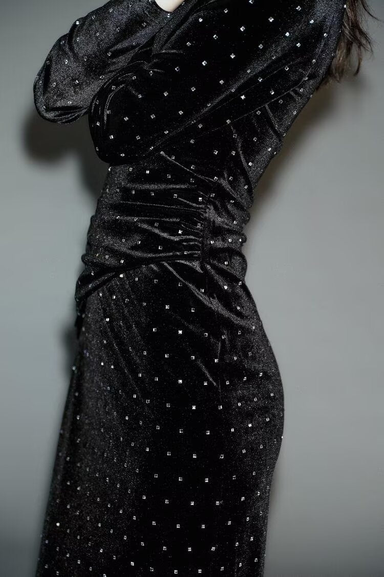 Women Clothing Autumn Bright Beaded Velvet Midi Dress