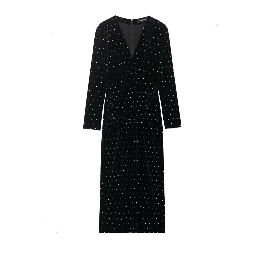 Women Clothing Autumn Bright Beaded Velvet Midi Dress