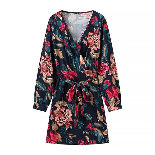 Autumn Winter All Match Printed Dress Deep V Plunge neck Long Sleeve Printed Tape Belt Dress