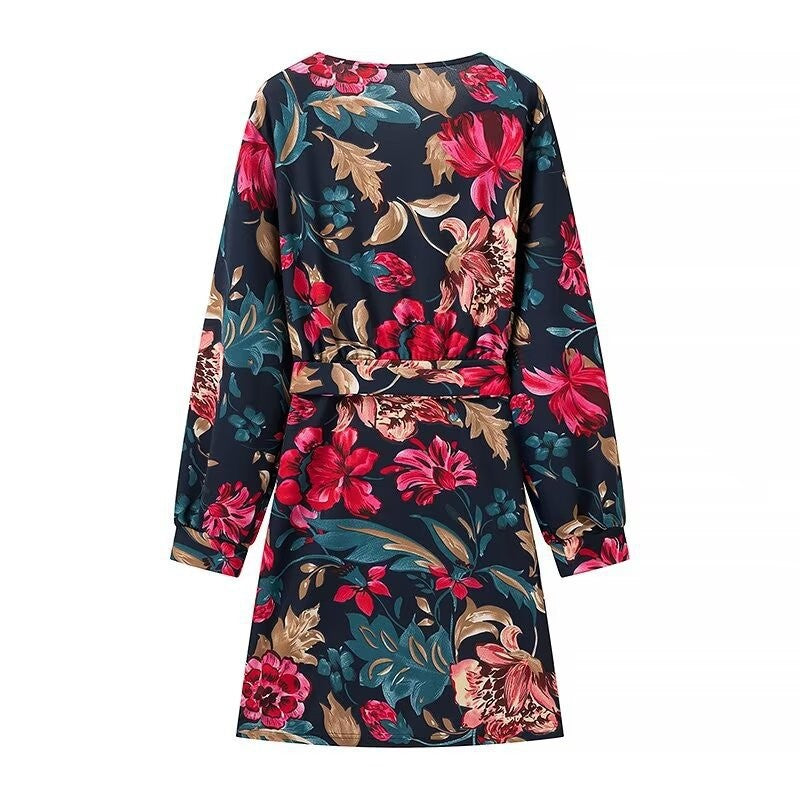 Autumn Winter All Match Printed Dress Deep V Plunge neck Long Sleeve Printed Tape Belt Dress