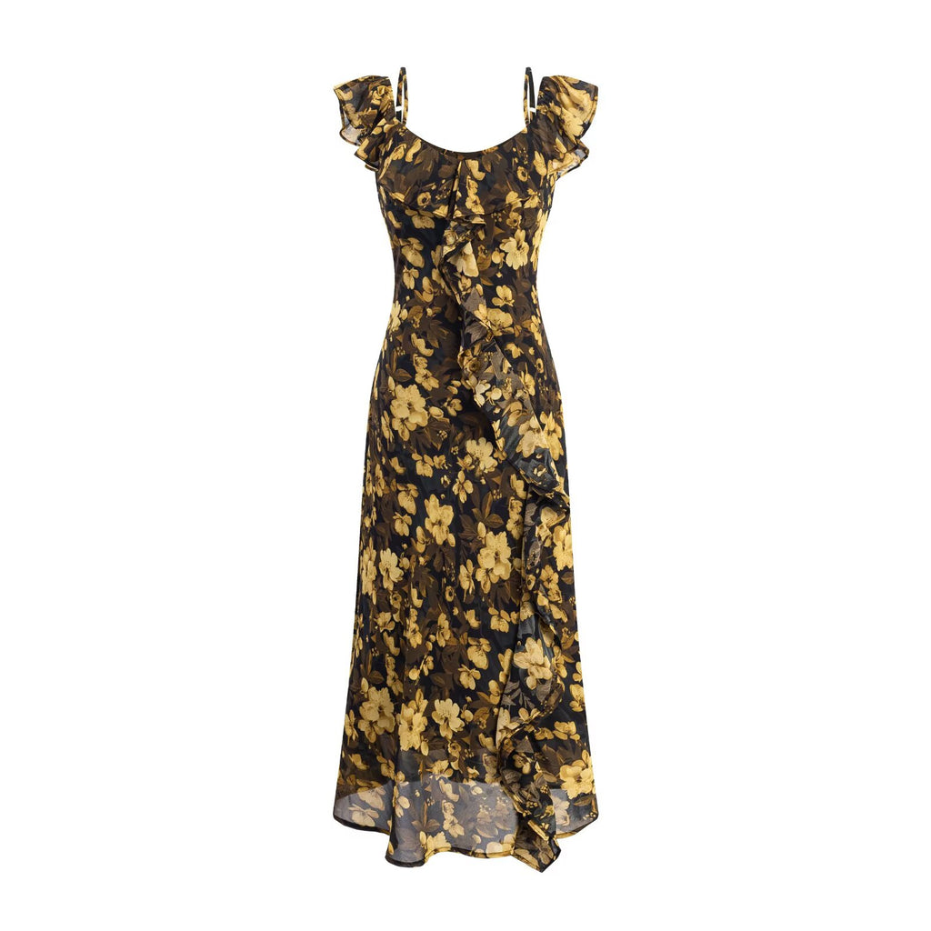 Robe d'été élégante à volants et imprimé floral vintage, taille cintrée, coupe slim, idéale pour les vacances à la mer. Robe midi femme pour femme.
