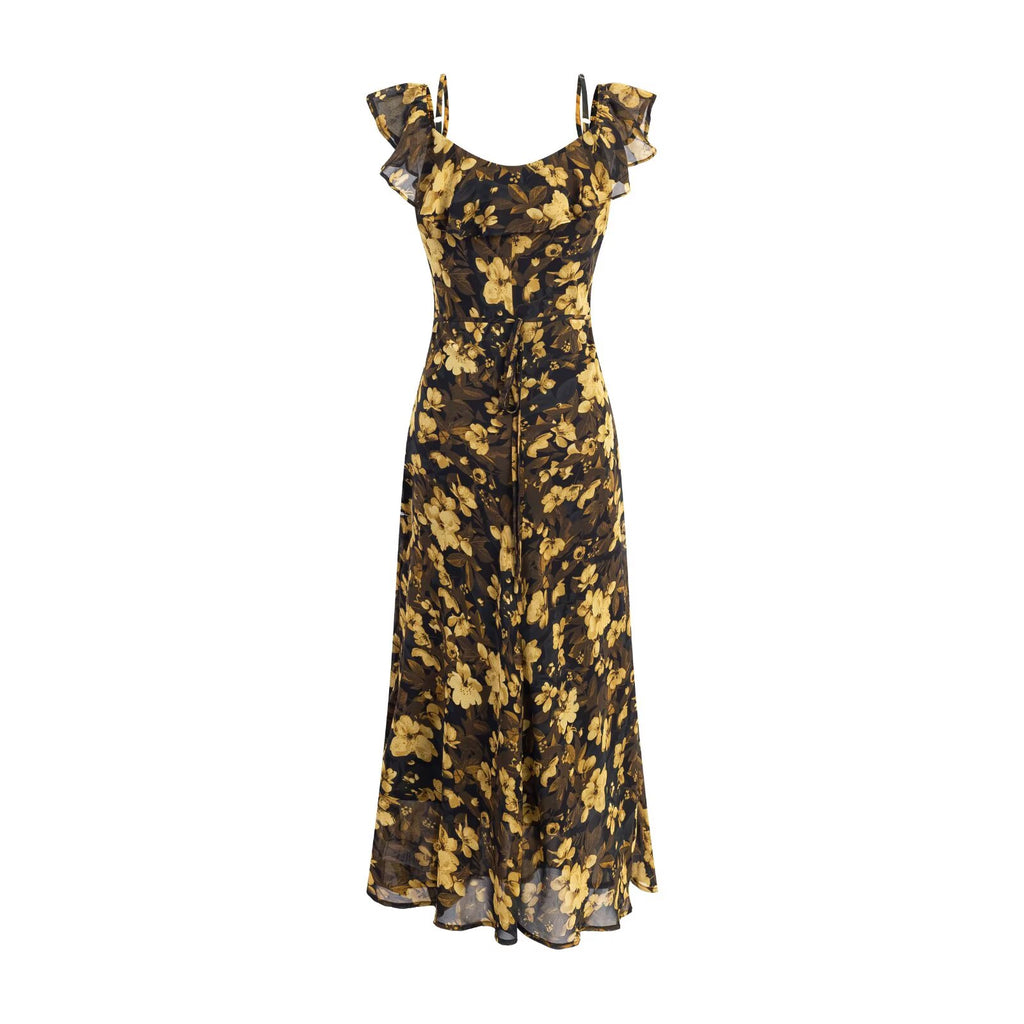 Robe d'été élégante à volants et imprimé floral vintage, taille cintrée, coupe slim, idéale pour les vacances à la mer. Robe midi femme pour femme.