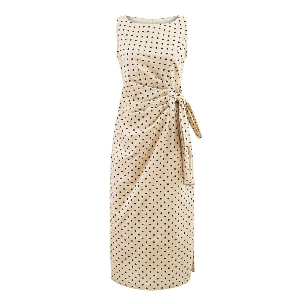 Robe maxi sans manches à pois, taille cintrée, lacée sur le côté, col rond et fente latérale, plissée et à taille plissée.