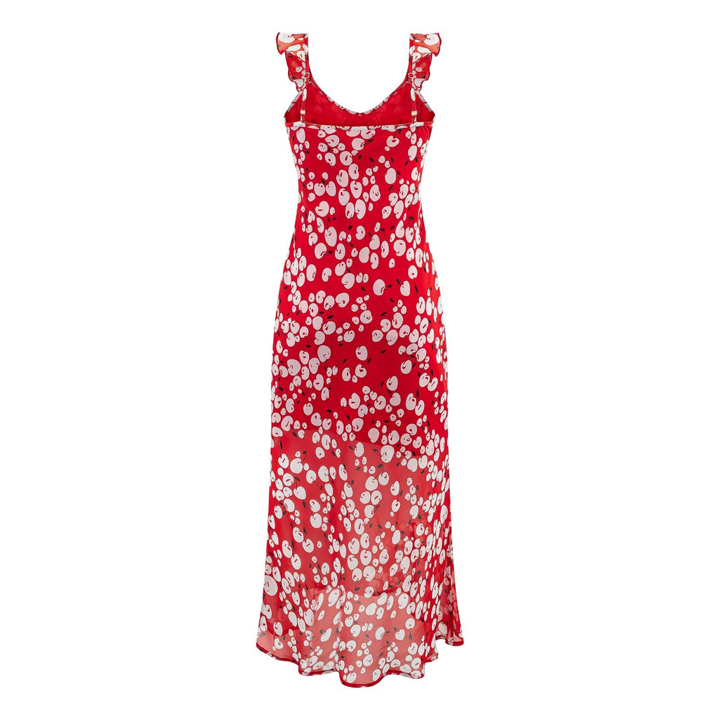 Vestido largo de primavera ajustado con escote en V profundo, volantes, flores, fondo rojo, cintura ajustada, tirantes finos, corte expuesto