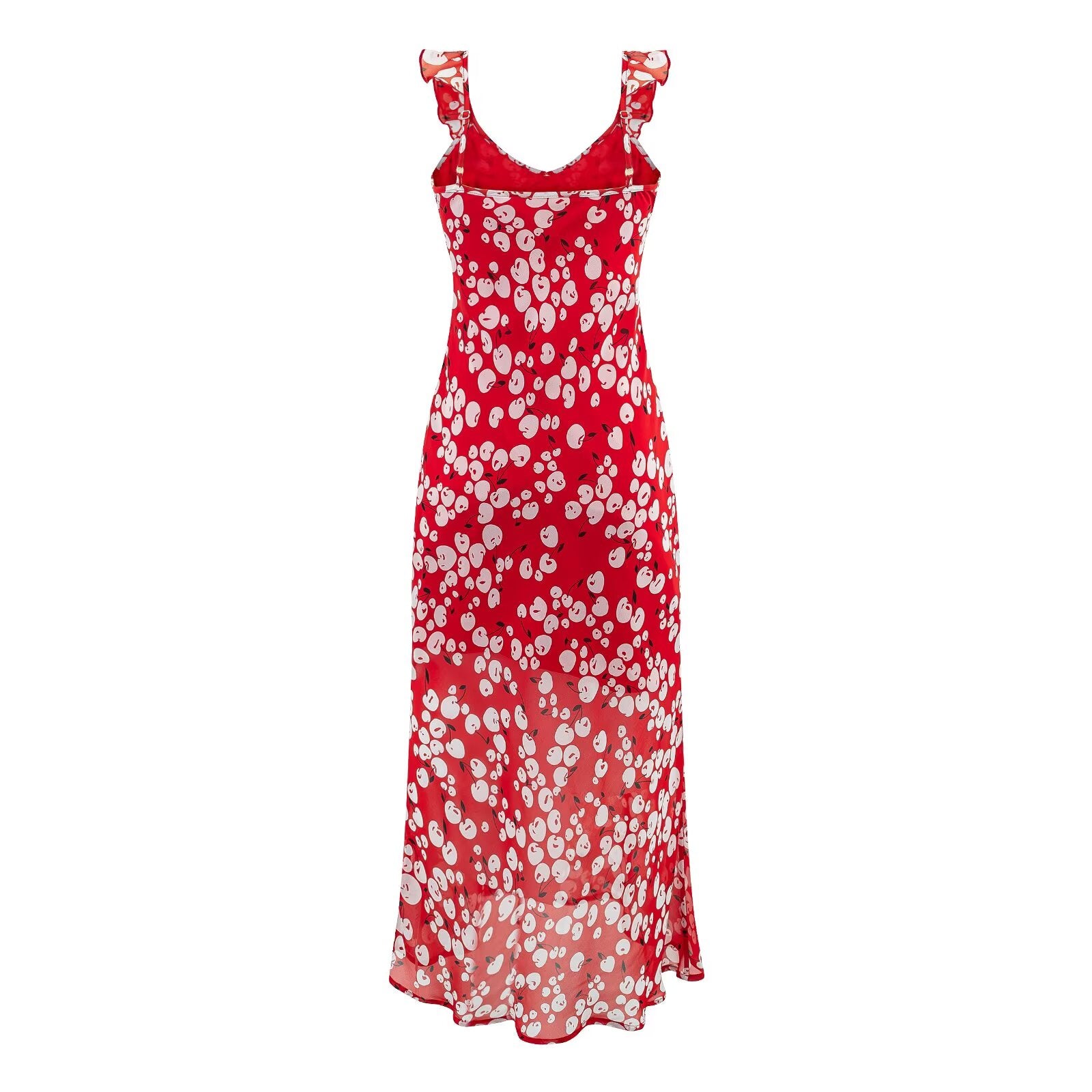 Vestido largo de primavera ajustado con escote en V profundo, volantes, flores, fondo rojo, cintura ajustada, tirantes finos, corte expuesto