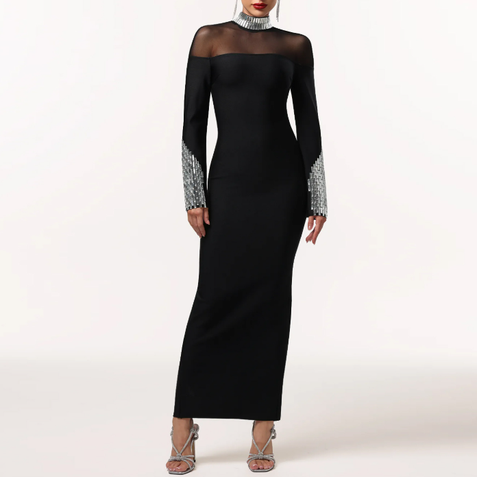 Women Wear High Collar Long Sleeve Slim Fit Rhinestone Dress