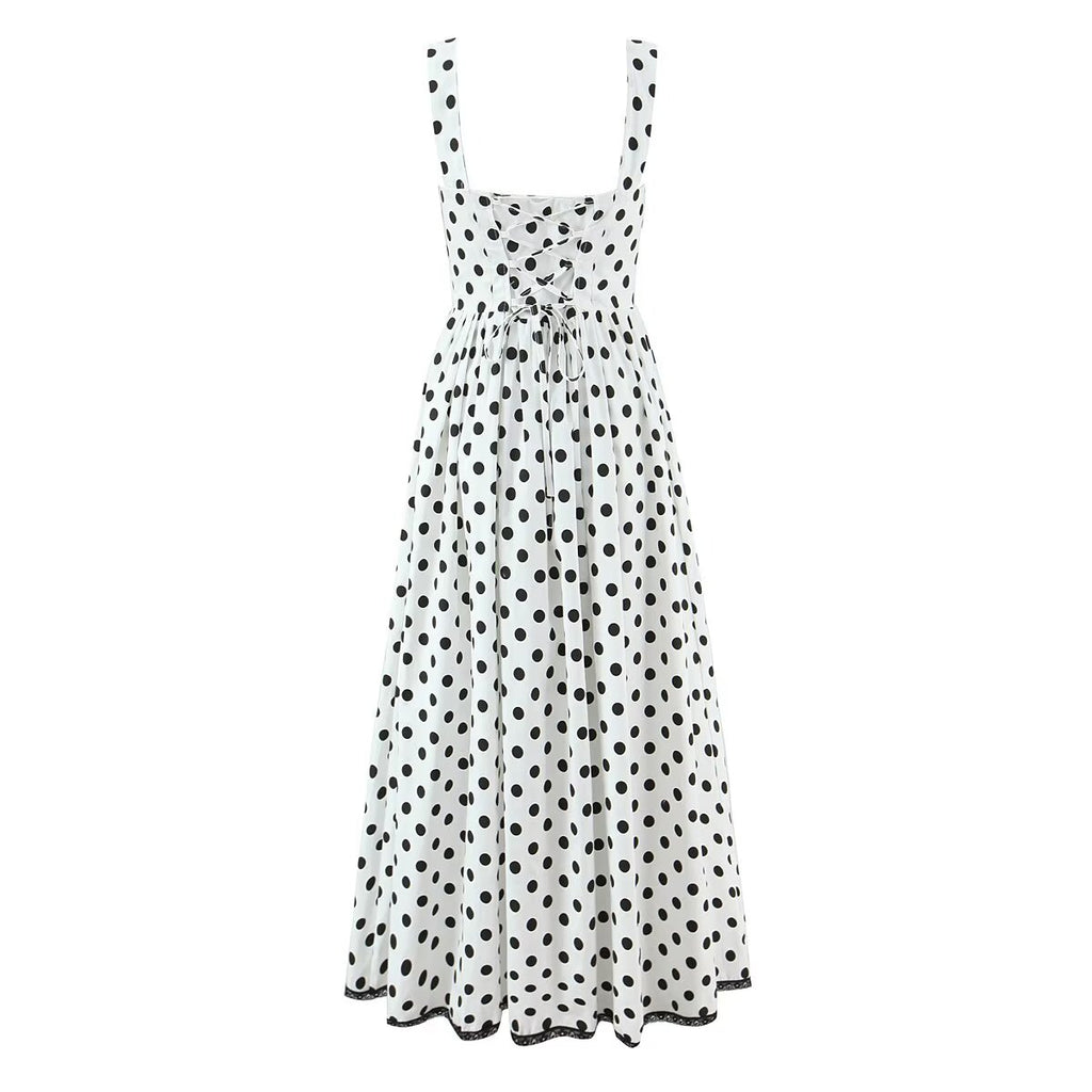 Vestido de fiesta francés retro con estampado de lunares y ribete de encaje, vestido largo ajustado con cintura recortada y cordones para vacaciones