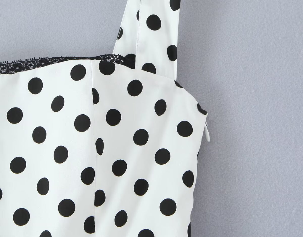 Vestido de fiesta francés retro con estampado de lunares y ribete de encaje, vestido largo ajustado con cintura recortada y cordones para vacaciones