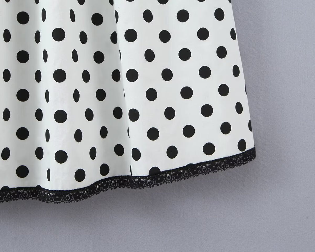 Vestido de fiesta francés retro con estampado de lunares y ribete de encaje, vestido largo ajustado con cintura recortada y cordones para vacaciones
