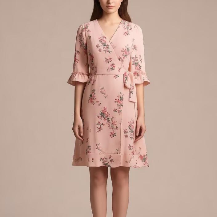 Robe courte imprimée florale française printanière, col en V, manches courtes à volants et laçage sur le ventre