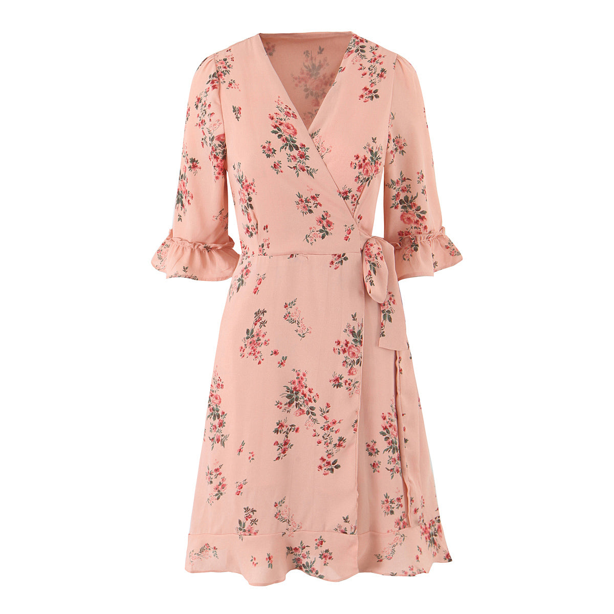 Robe courte imprimée florale française printanière, col en V, manches courtes à volants et laçage sur le ventre
