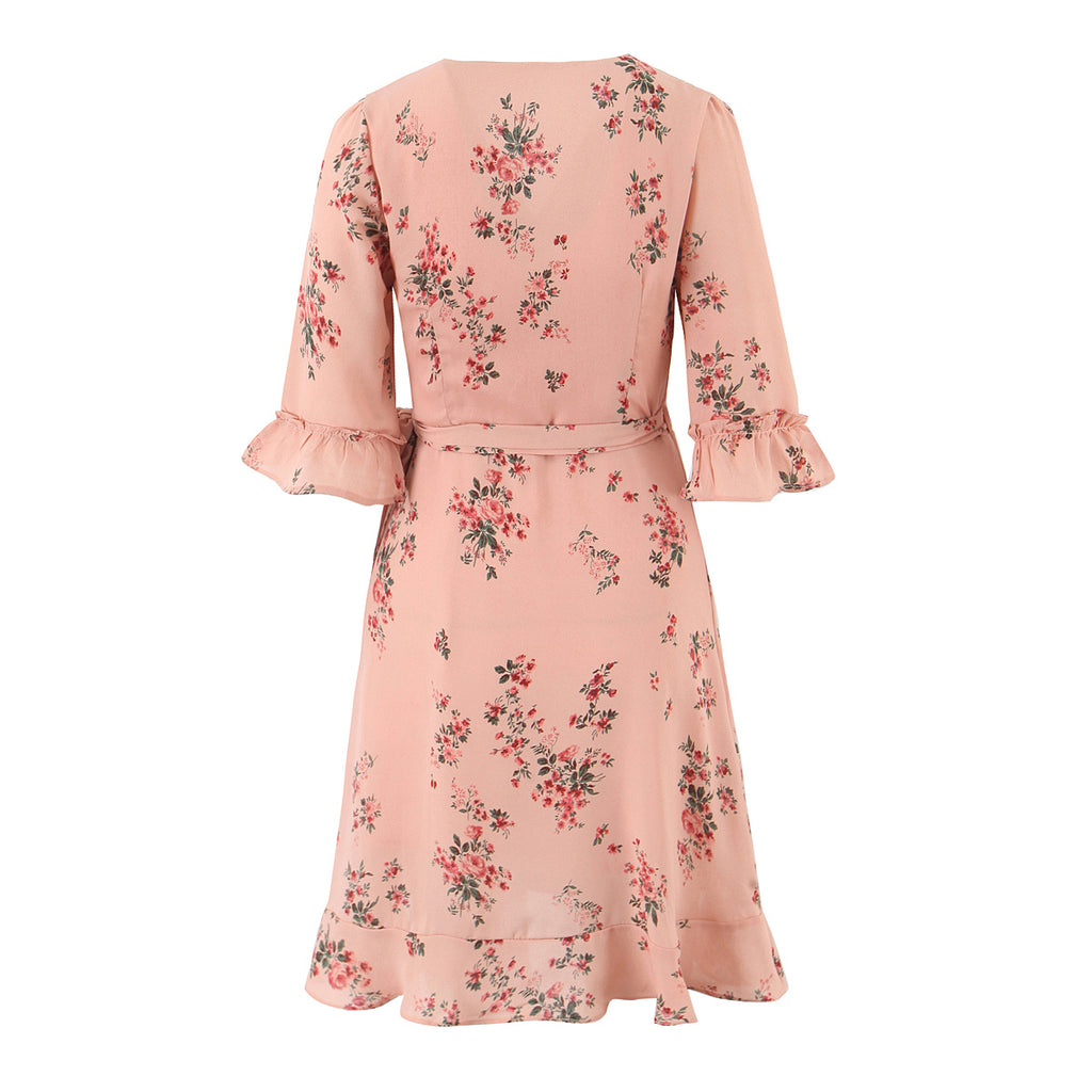 Robe courte imprimée florale française printanière, col en V, manches courtes à volants et laçage sur le ventre