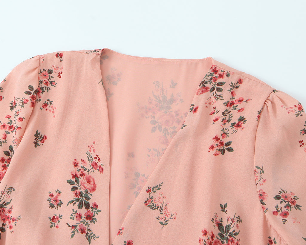 Robe courte imprimée florale française printanière, col en V, manches courtes à volants et laçage sur le ventre