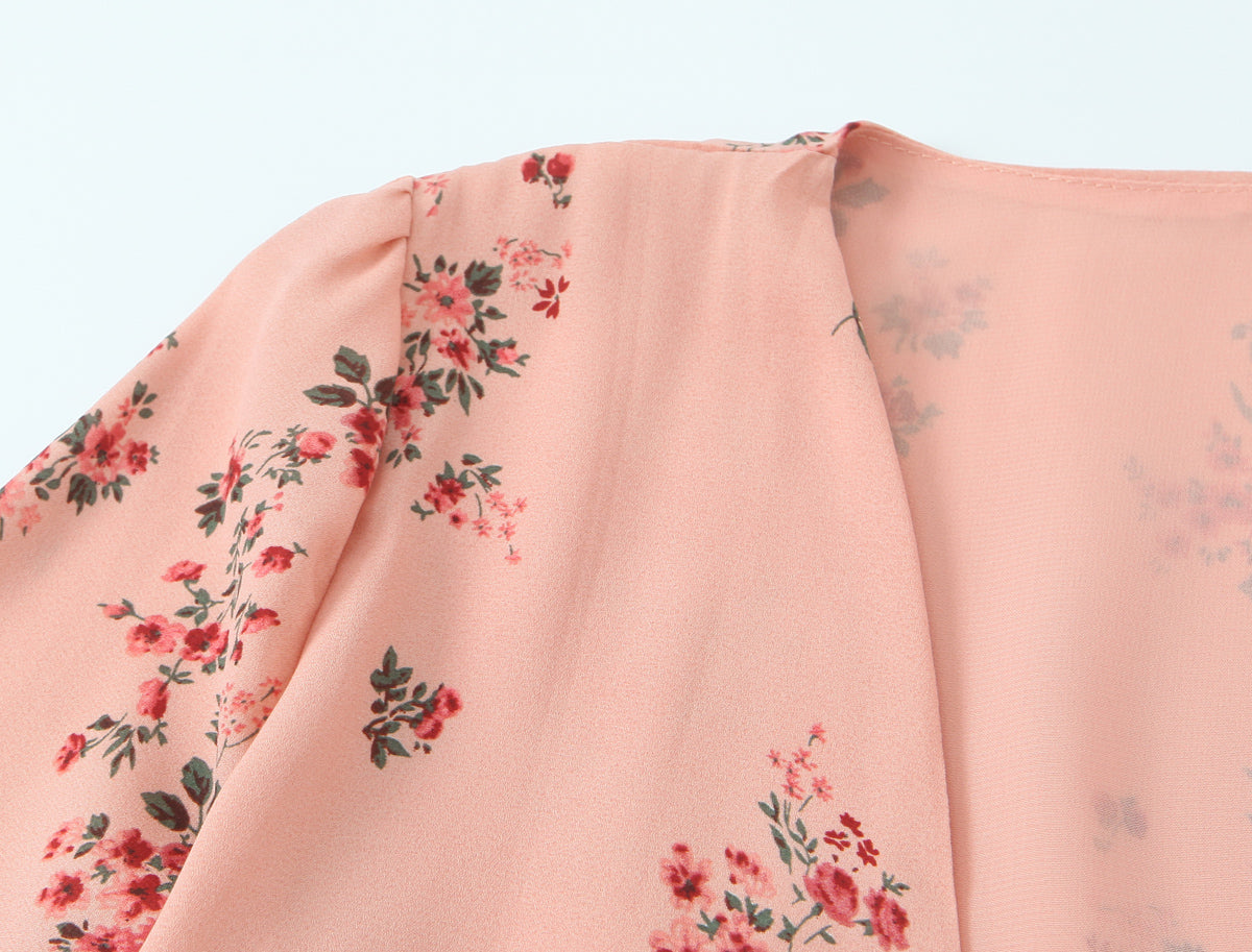 Robe courte imprimée florale française printanière, col en V, manches courtes à volants et laçage sur le ventre