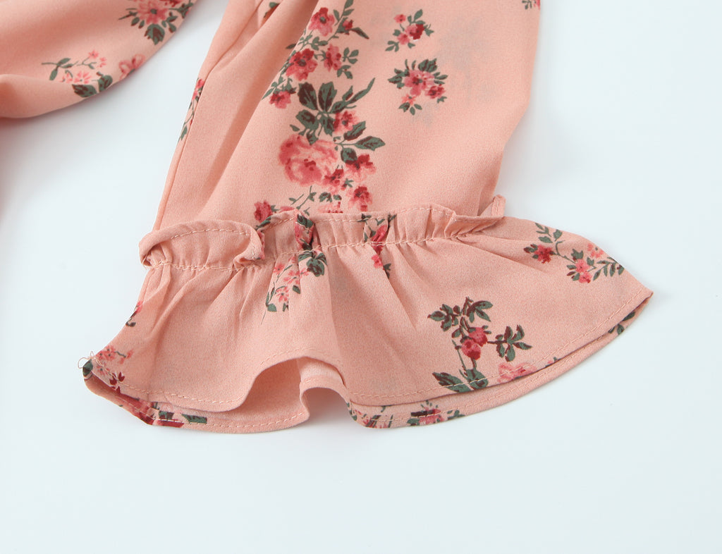 Robe courte imprimée florale française printanière, col en V, manches courtes à volants et laçage sur le ventre