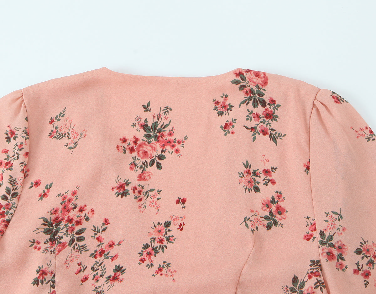 Robe courte imprimée florale française printanière, col en V, manches courtes à volants et laçage sur le ventre