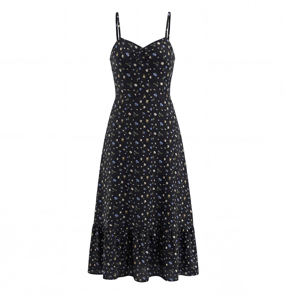 Robe longue à bretelles assorties, imprimée de fleurs françaises, taille cintrée et amincissante, idéale pour le printemps.