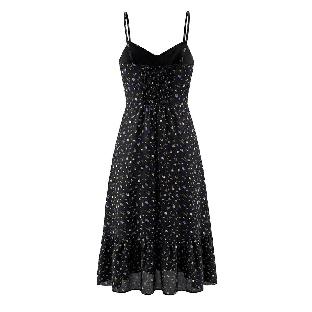 Robe longue à bretelles assorties, imprimée de fleurs françaises, taille cintrée et amincissante, idéale pour le printemps.