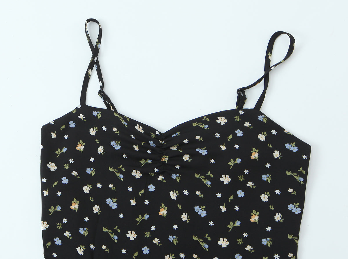 Spring French Floral Printed Waist Controlled Slimming All Matching Long Strap Dress