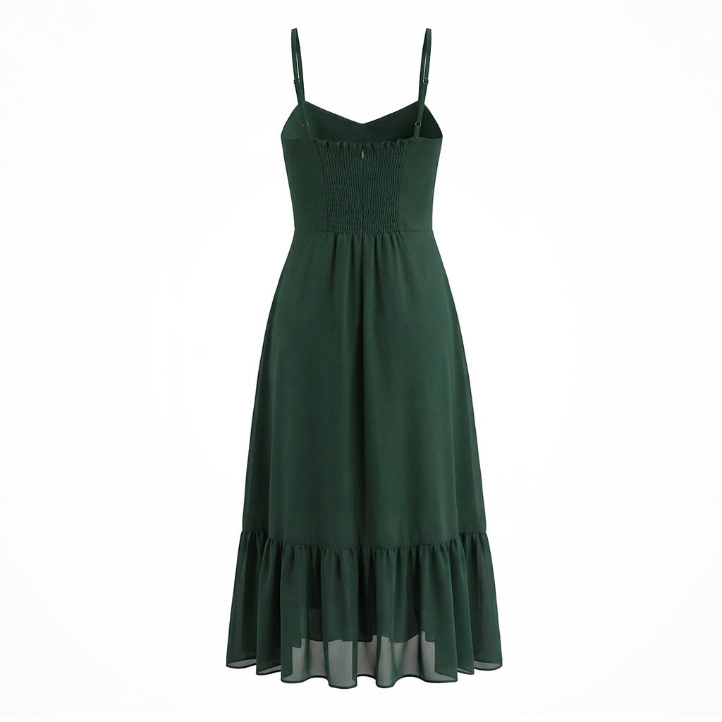 French Waist Tight Green Suspenders Dress for Women Slim Fit Ruffled Retro Slim Fit Holiday Chiffon Maxi Dress
