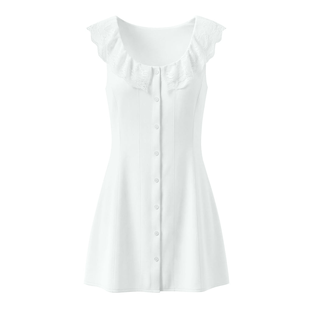 Spring French Slim Lace Square Collar Single Breasted Cinched Sleeveless Mini Dress