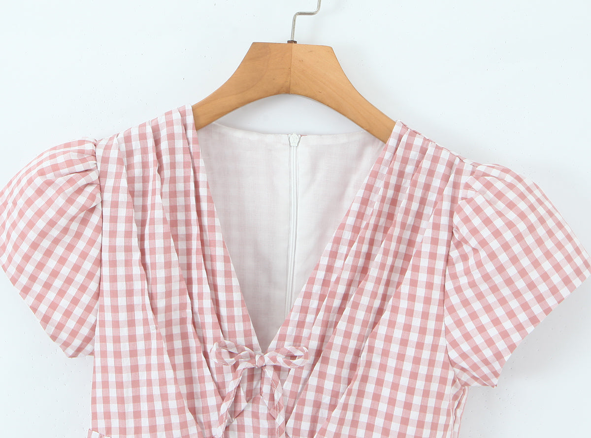 Women Clothing Spring Sweet Youthful Short Slim Plaid Waist Tight A line Dress