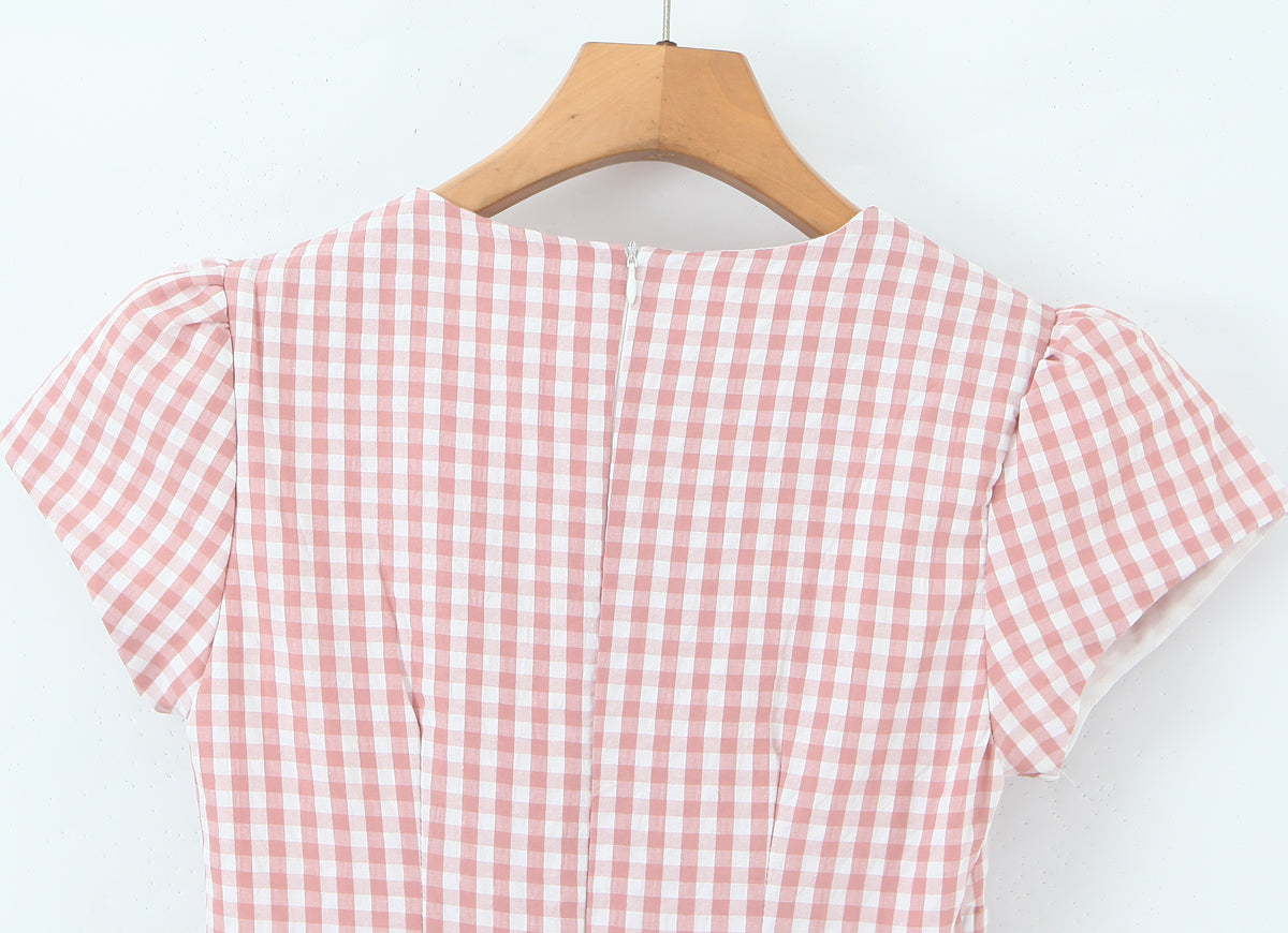 Women Clothing Spring Sweet Youthful Short Slim Plaid Waist Tight A line Dress