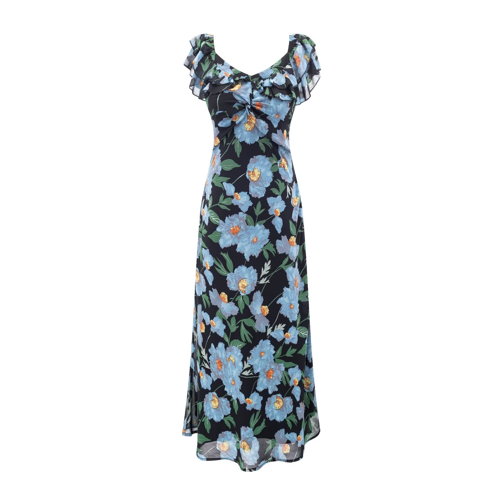 Vestido veraniego pastoral fresco y bonito con mangas voladoras y cintura controlada.