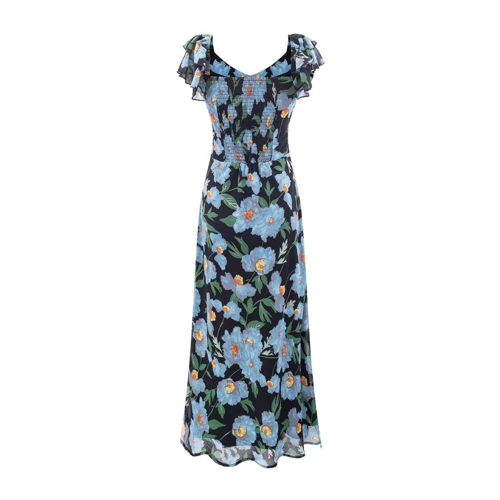Vestido veraniego pastoral fresco y bonito con mangas voladoras y cintura controlada.