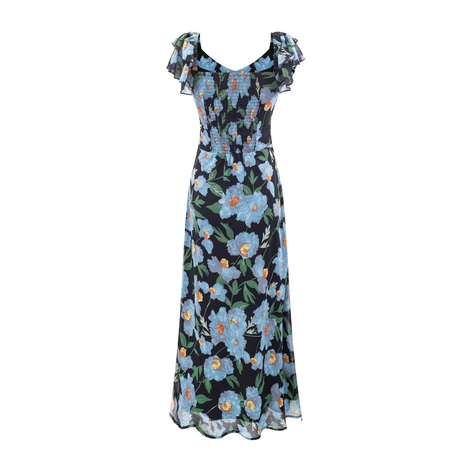 Vestido veraniego pastoral fresco y bonito con mangas voladoras y cintura controlada.