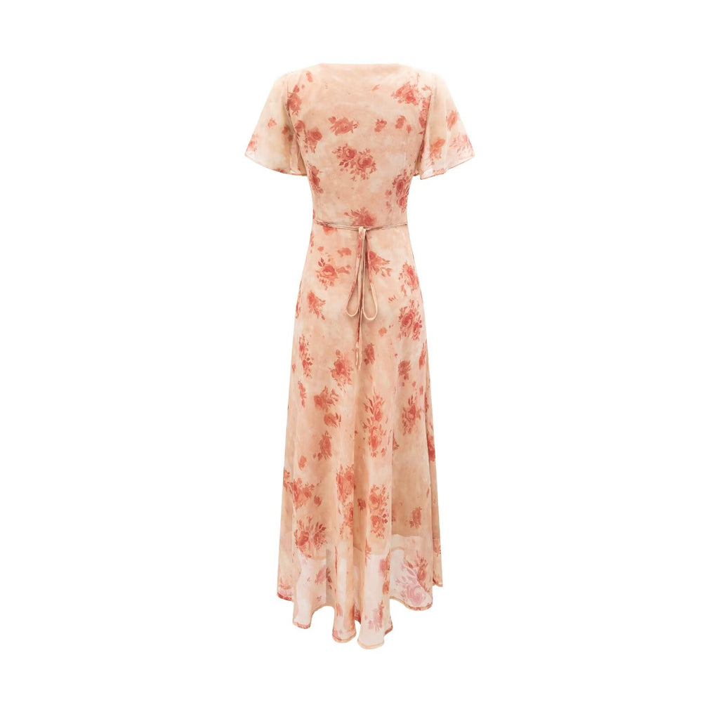 Robe pull élégante rose à fleurs et col en V pour femme, coupe amincissante et taille cintrée