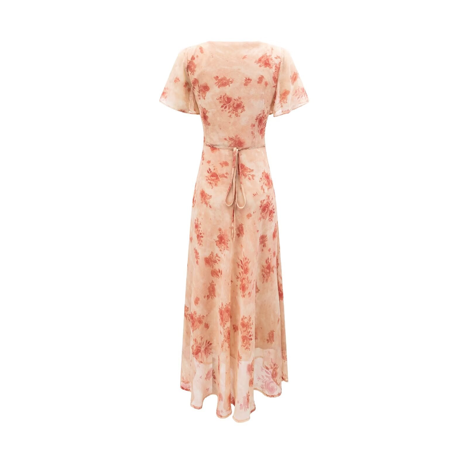 Robe pull élégante rose à fleurs et col en V pour femme, coupe amincissante et taille cintrée