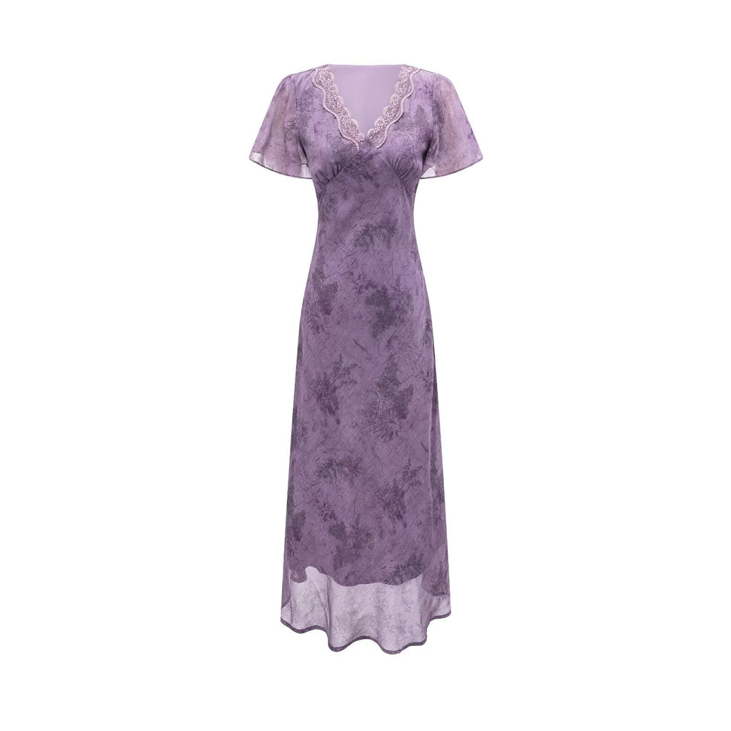 Robe élégante et amincissante à col en V, ornée de dentelle et de coutures apparentes, taille cintrée, violette