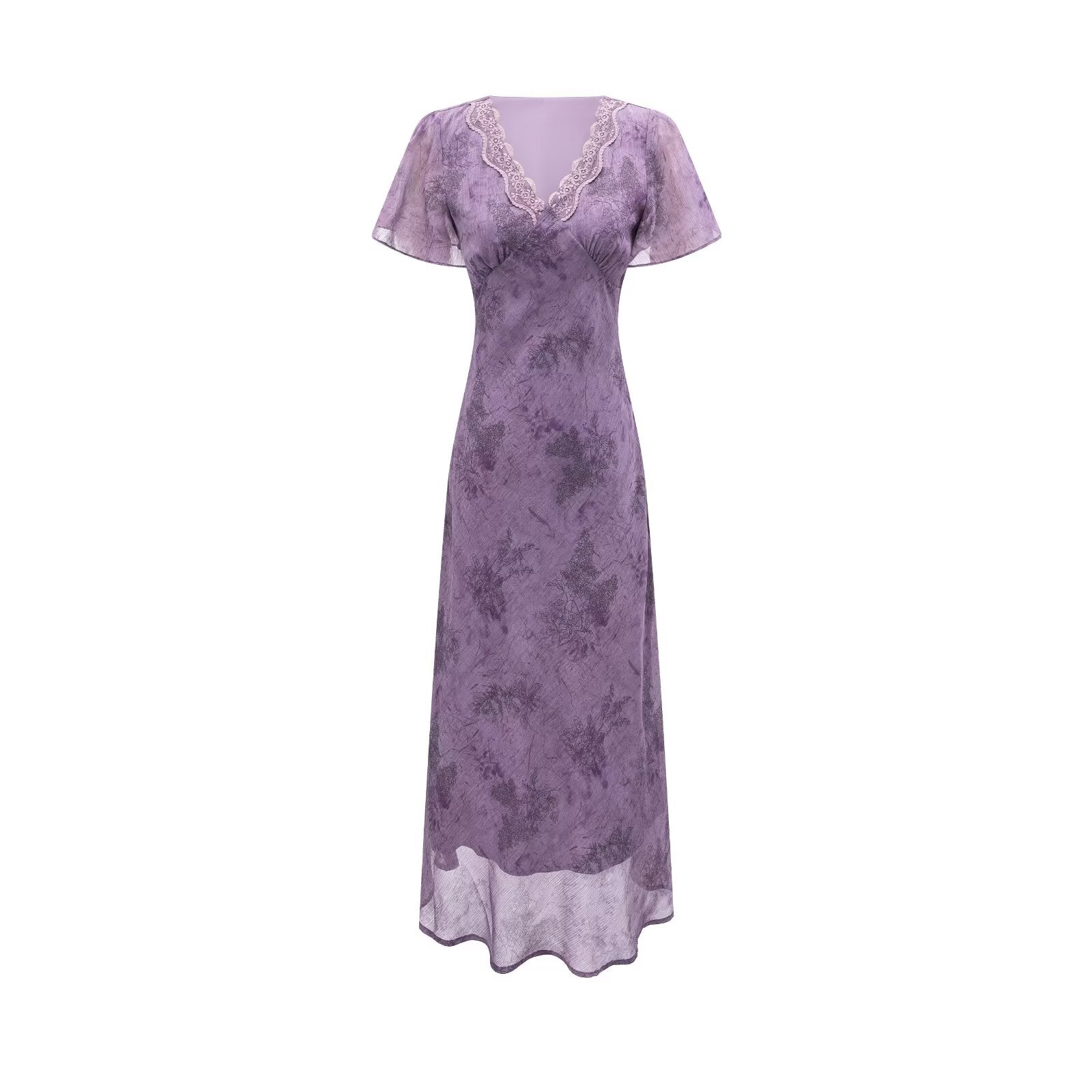 Robe élégante et amincissante à col en V, ornée de dentelle et de coutures apparentes, taille cintrée, violette