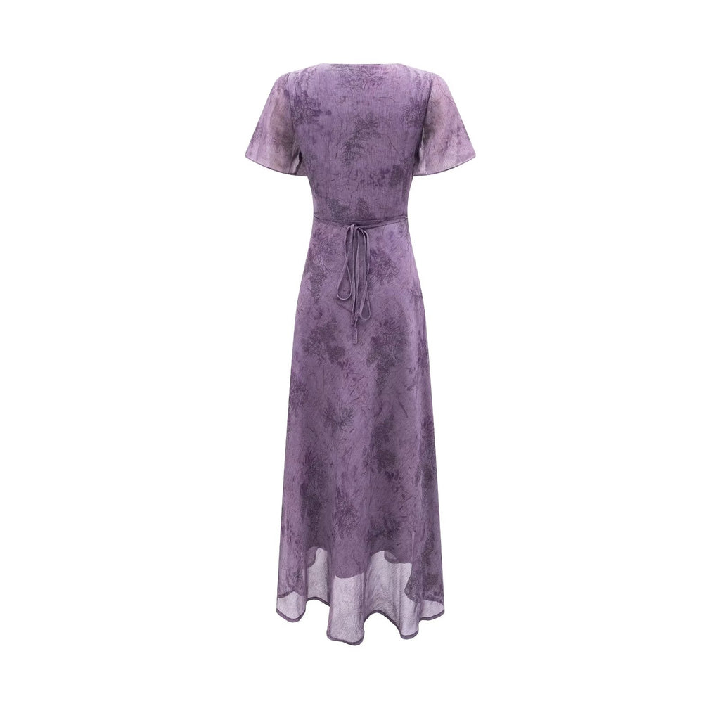 Robe élégante et amincissante à col en V, ornée de dentelle et de coutures apparentes, taille cintrée, violette