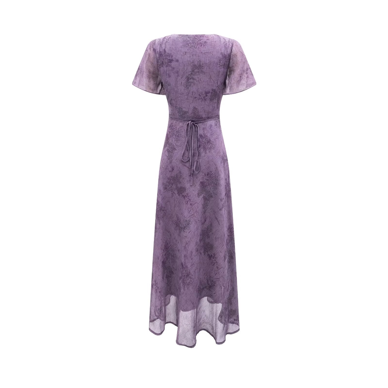 Robe élégante et amincissante à col en V, ornée de dentelle et de coutures apparentes, taille cintrée, violette