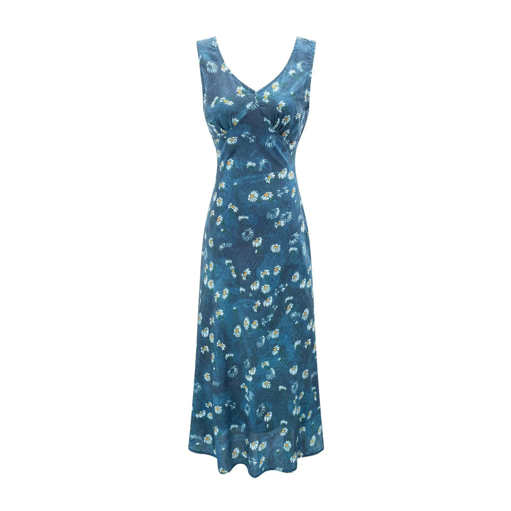 Vestido estampado retro de invierno sexy con cuello en V y cordones en la cintura ajustada con fondo azul.