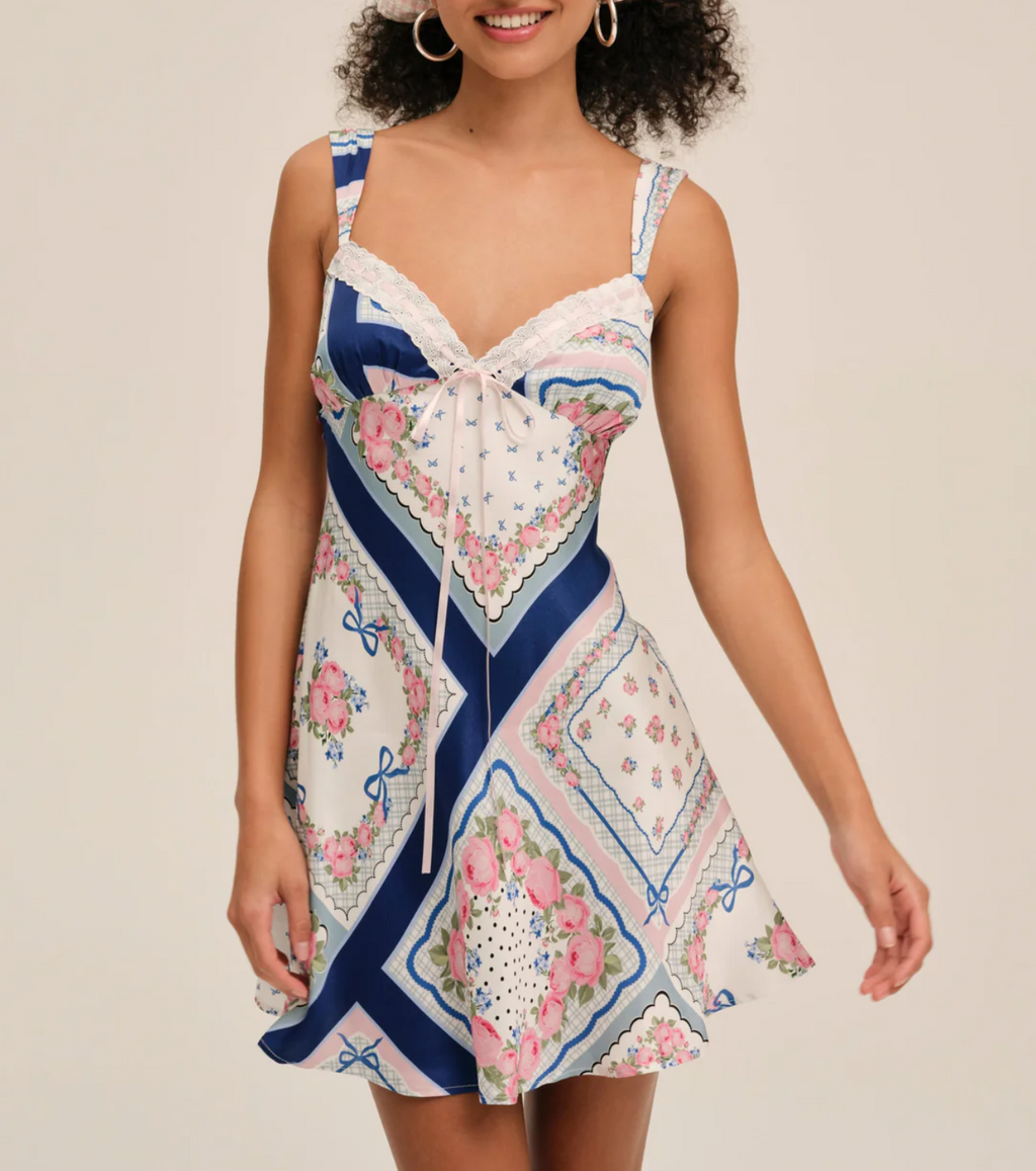 French Romantic Printed Satin Mini Strap Dress Women Bow A line Dress