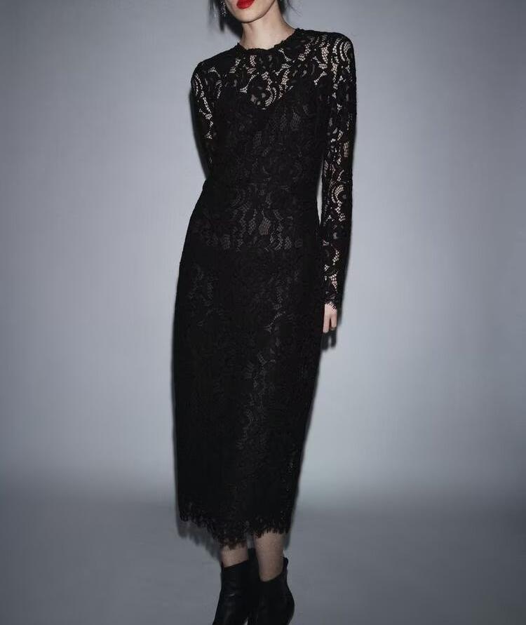 Vestido de otoño para mujer, sencillo, de moda, con encaje negro transparente y manga larga.