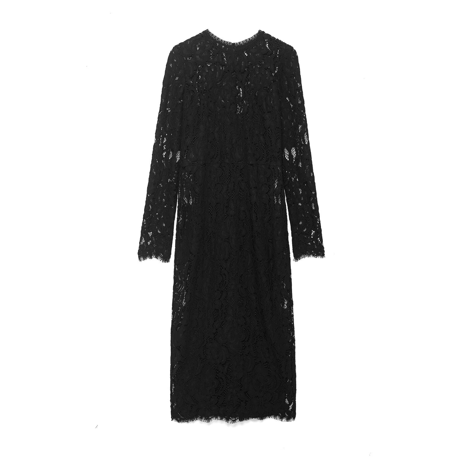 Vestido de otoño para mujer, sencillo, de moda, con encaje negro transparente y manga larga.