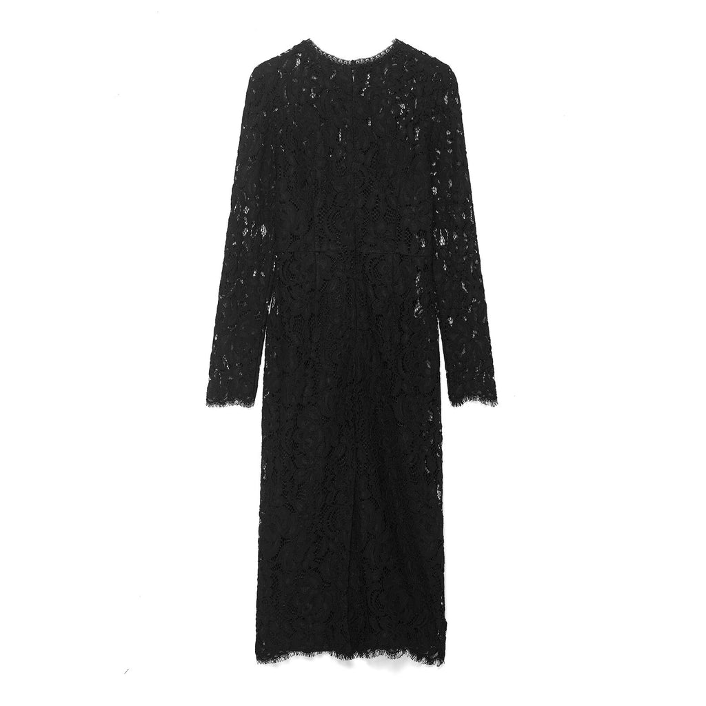 Vestido de otoño para mujer, sencillo, de moda, con encaje negro transparente y manga larga.