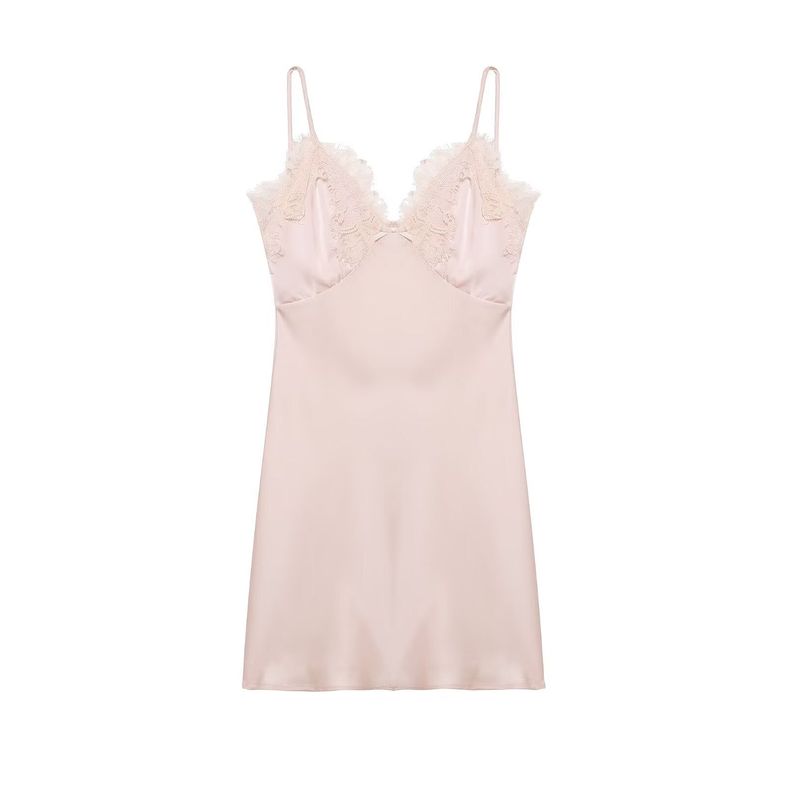 Robe à bretelles élégante et tendance en satin de soie et dentelle, style début de printemps.